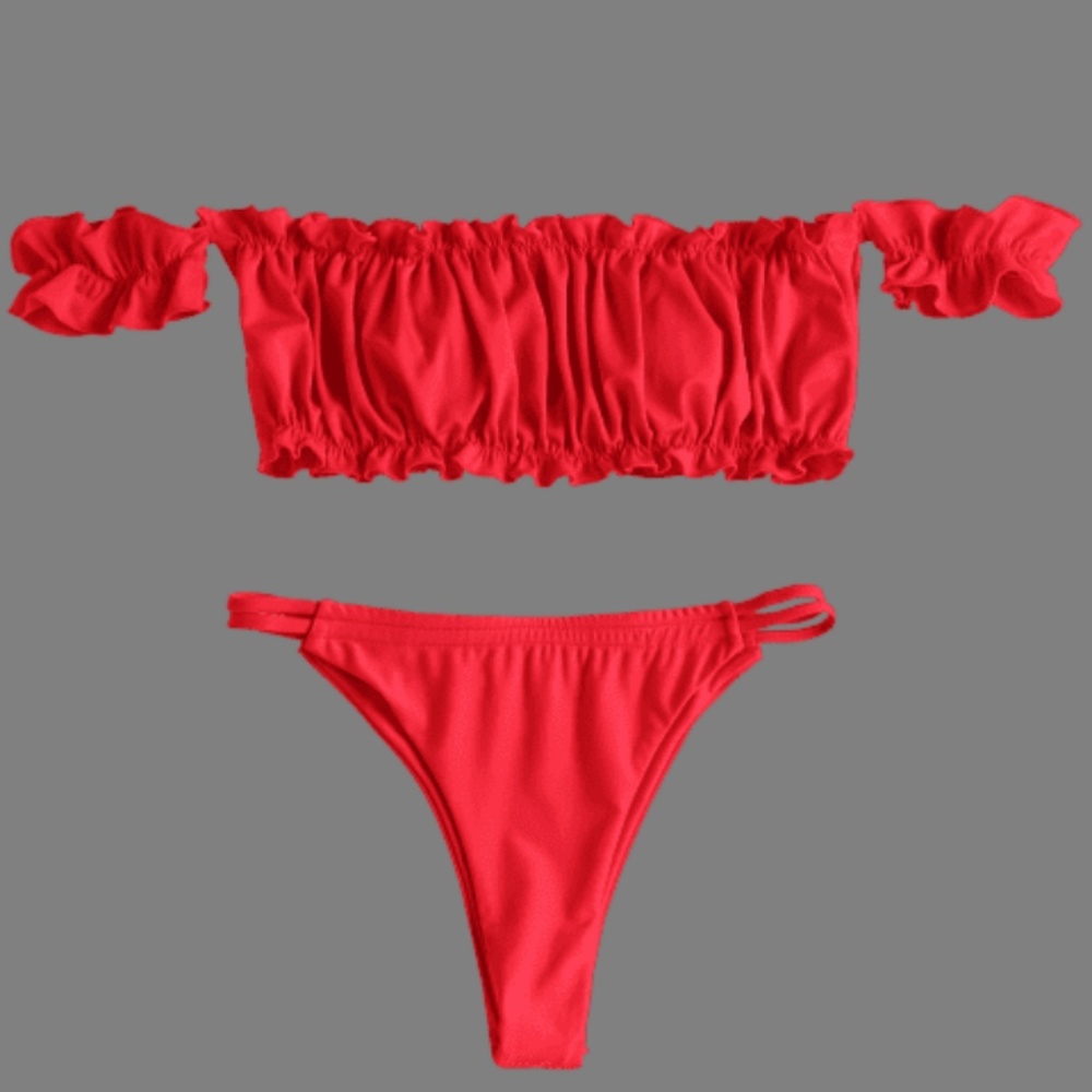 RED FRILLED OFF SHOULDER THONG BIKINI